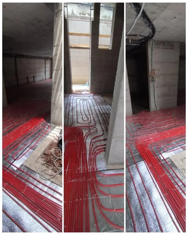 חימום תת רצפתי במים, רמות השבים: פריסת צנרת ומרכזייה לפני יציקה